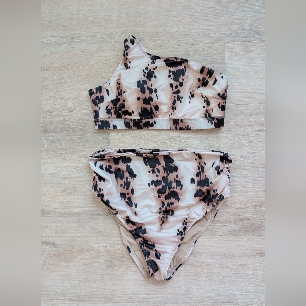 Swim by Cacique Neutral Abstract High-Waist Bikini Set | Size 12